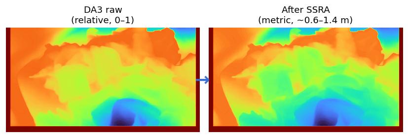 SSRA rescaling — DA3 raw depth vs scale-shifted output